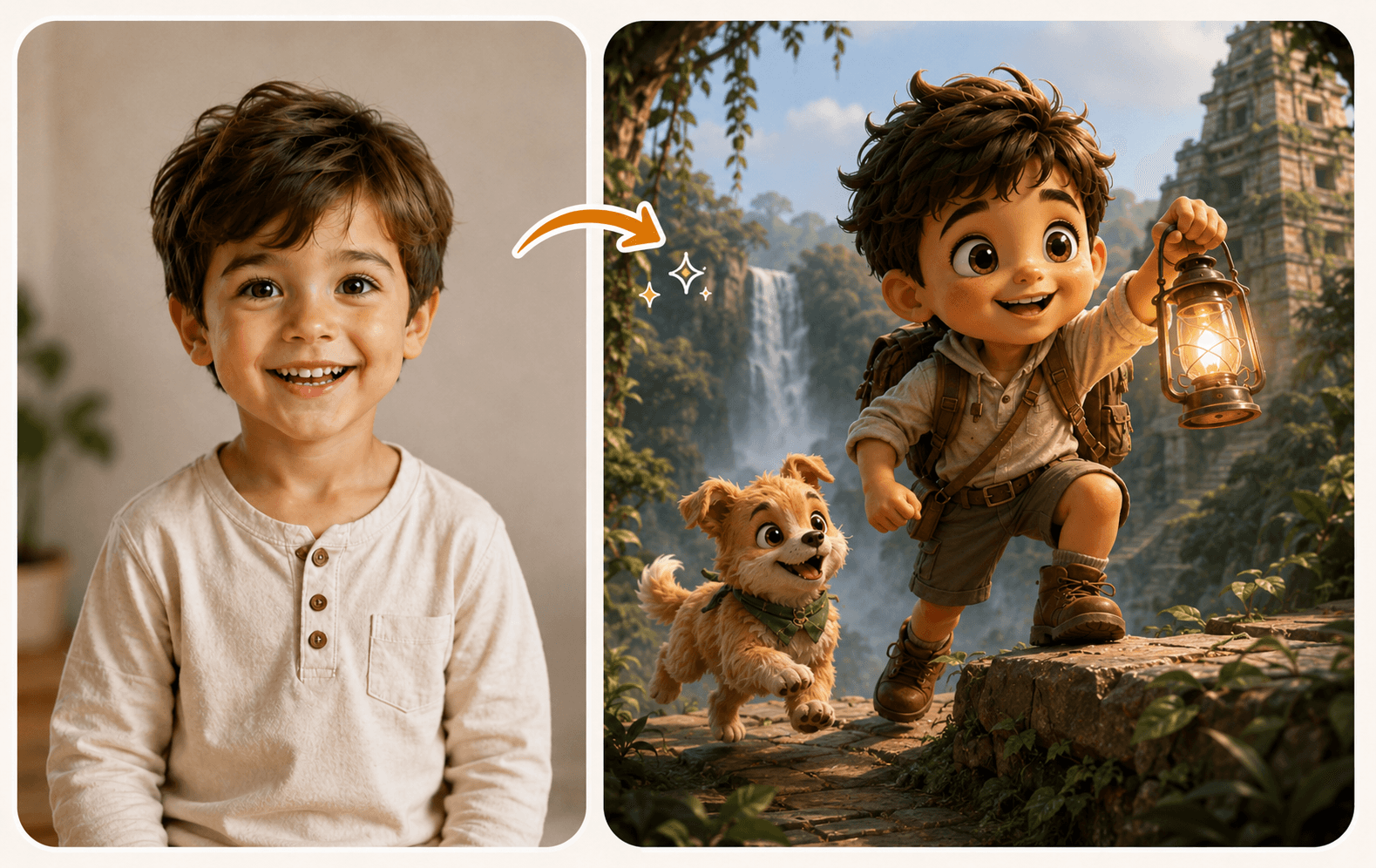 Photo of a child transformed into a personalized storybook character with elephants
