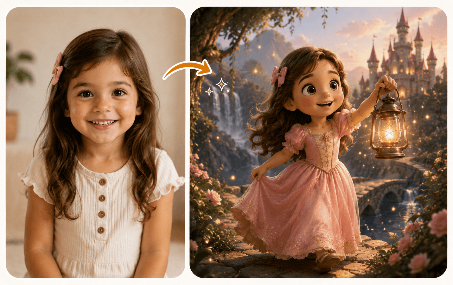 Photo of a child transformed into a personalized storybook character in an adventure scene