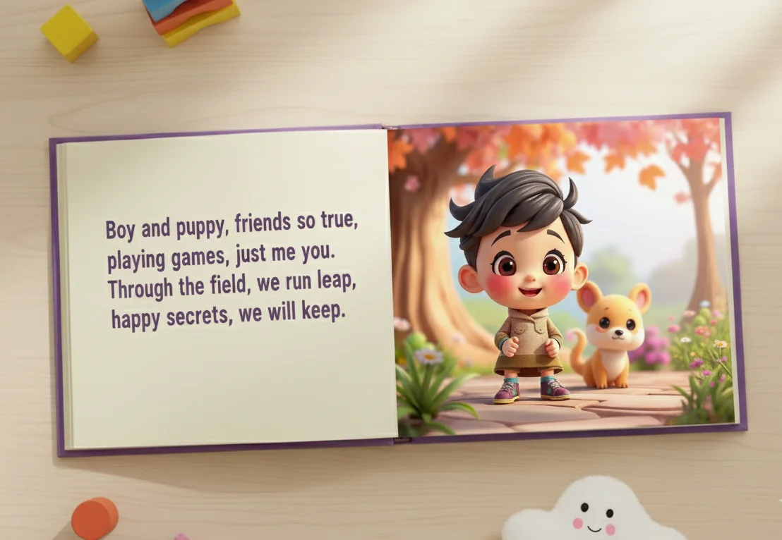 Personalized AI children's book open on a tablet, magical story and illustrations